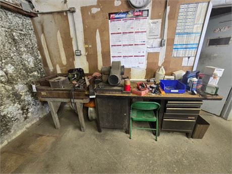 72" x 30" Work Bench and Wooden Table with Contents