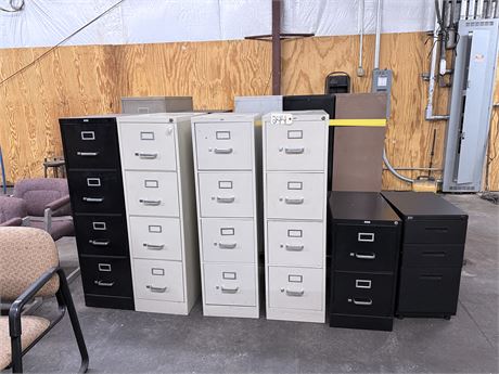 (1) Lot of (9) Various Size Filing Cabinets w/ Assorted Office Chairs  & Stools