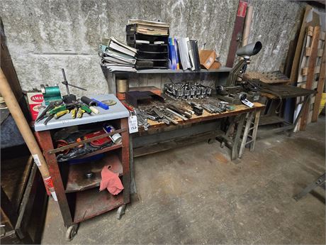 Work Bench and Rolling Shelf with Contents