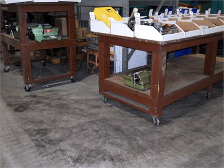 (2) Wooden 4 Wheel Rolling Carts & Table