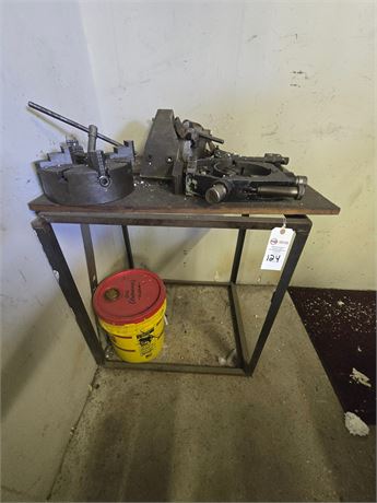 Steel Table with Assorted Lathe Accessories