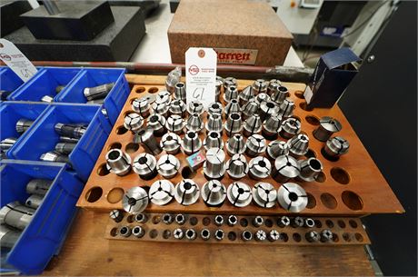 ASSORTED SIZE HARDINGE TF-25 COLLETS IN (1) WOOD COLLET HOLDER